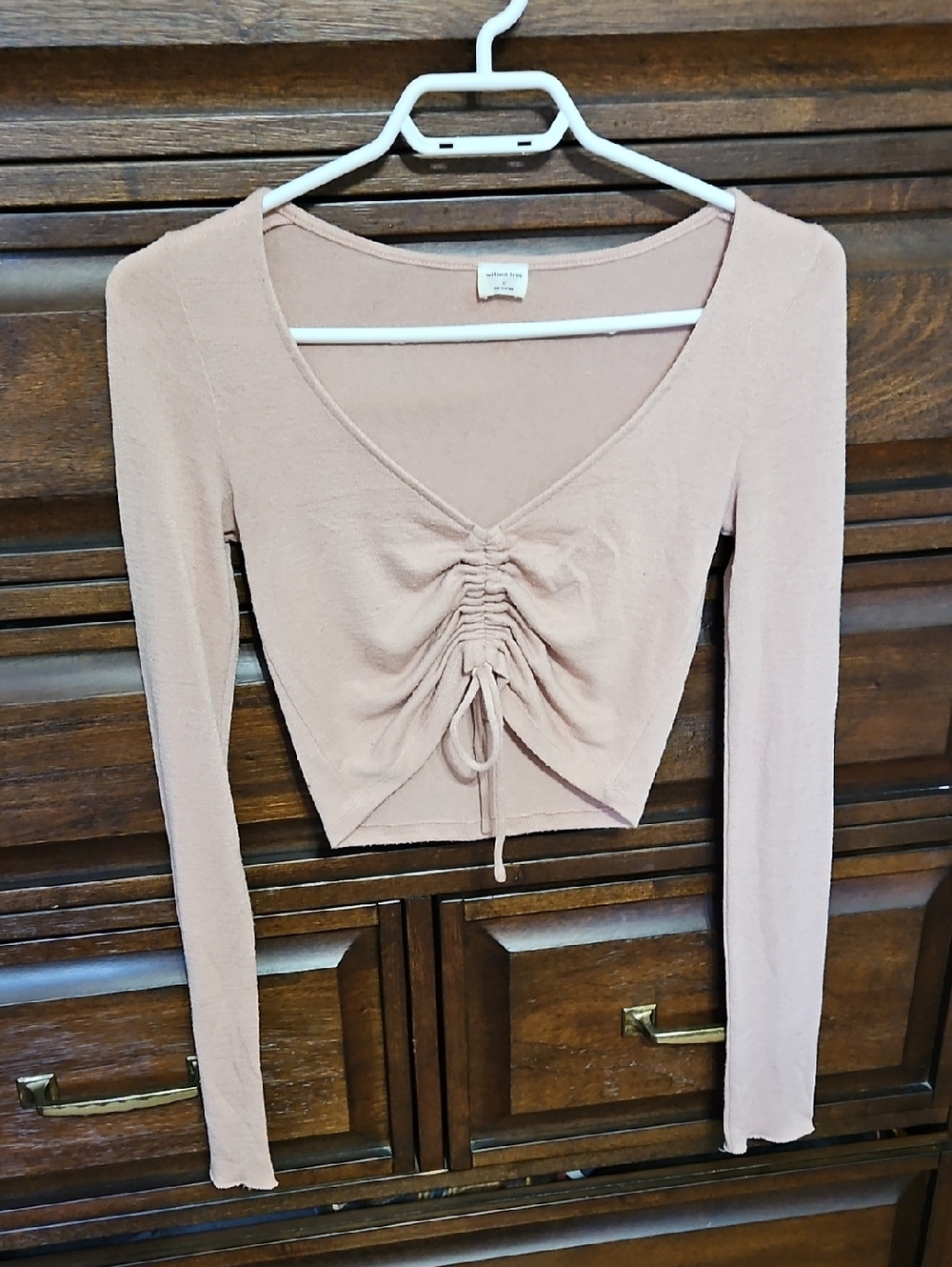 Aritzia Wilfred Free Ruche Front Crop Long-Sleeve Top in Blush